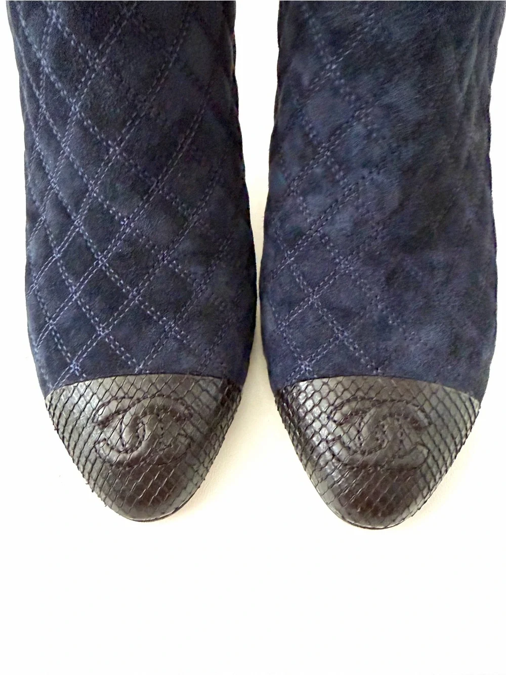 CHANEL | Quilted Suede CC Python Cap Toe Camellia Navy Black Booties EU 37.5